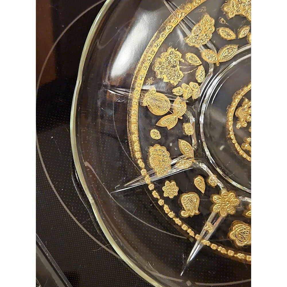 Vintage 1950'S Culver Glass 22K Gold Embossed Serving Plate, 11” Floral Design